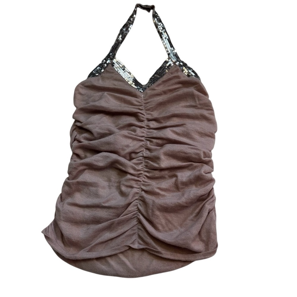 LaROK Cashmere Halter Top Size Medium Dusty Pink Mauve Sequin Trim Ruching NWOT - Picture 10 of 12